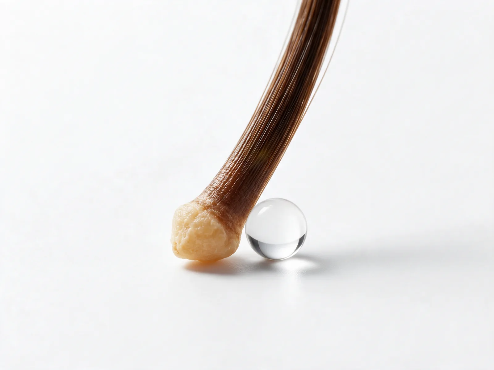 A single shed hair with a pale bulb at the root next to a clear bead