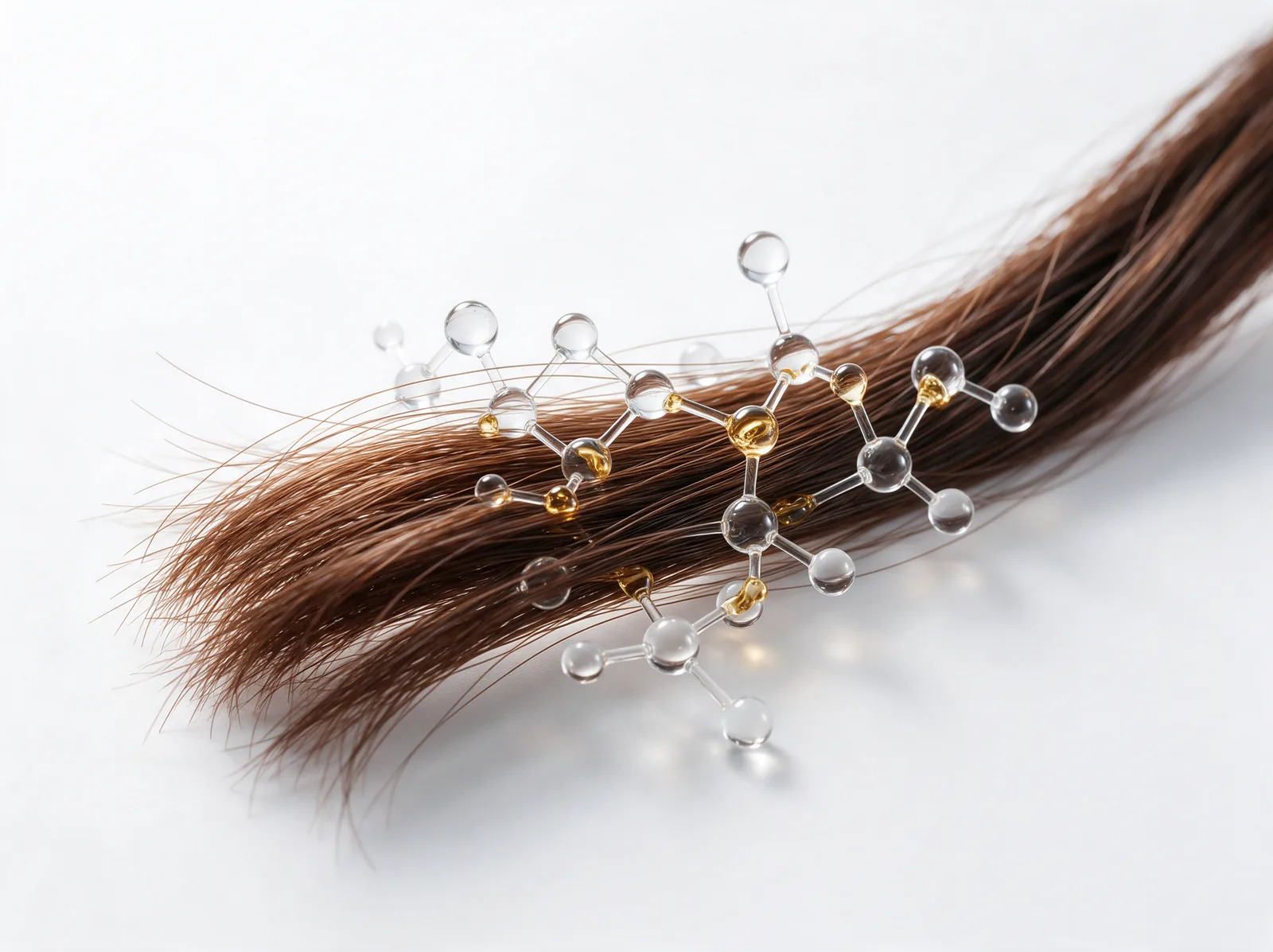 Strand of brown hair with a clear molecular model laid across it