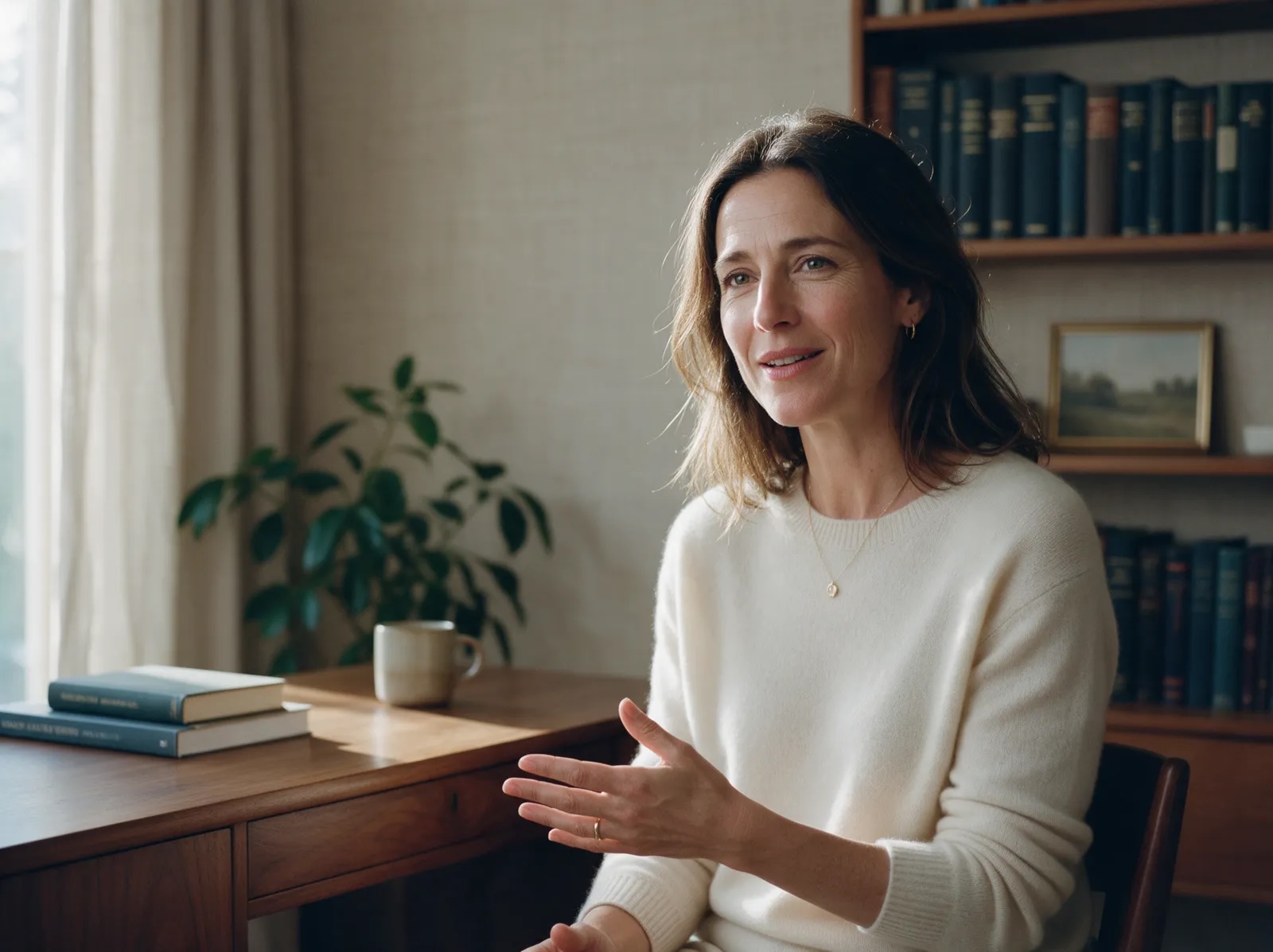 Woman in a cream sweater talking at a desk in front of bookshelves