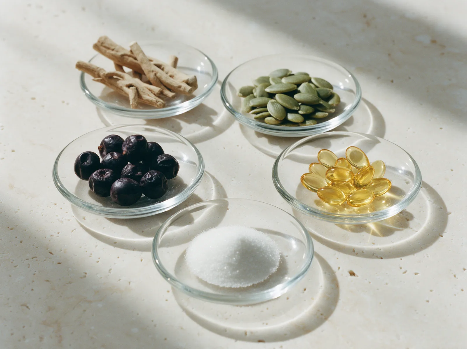 Small glass dishes of dried root, pumpkin seeds, dark berries, softgels and white powder on a stone counter