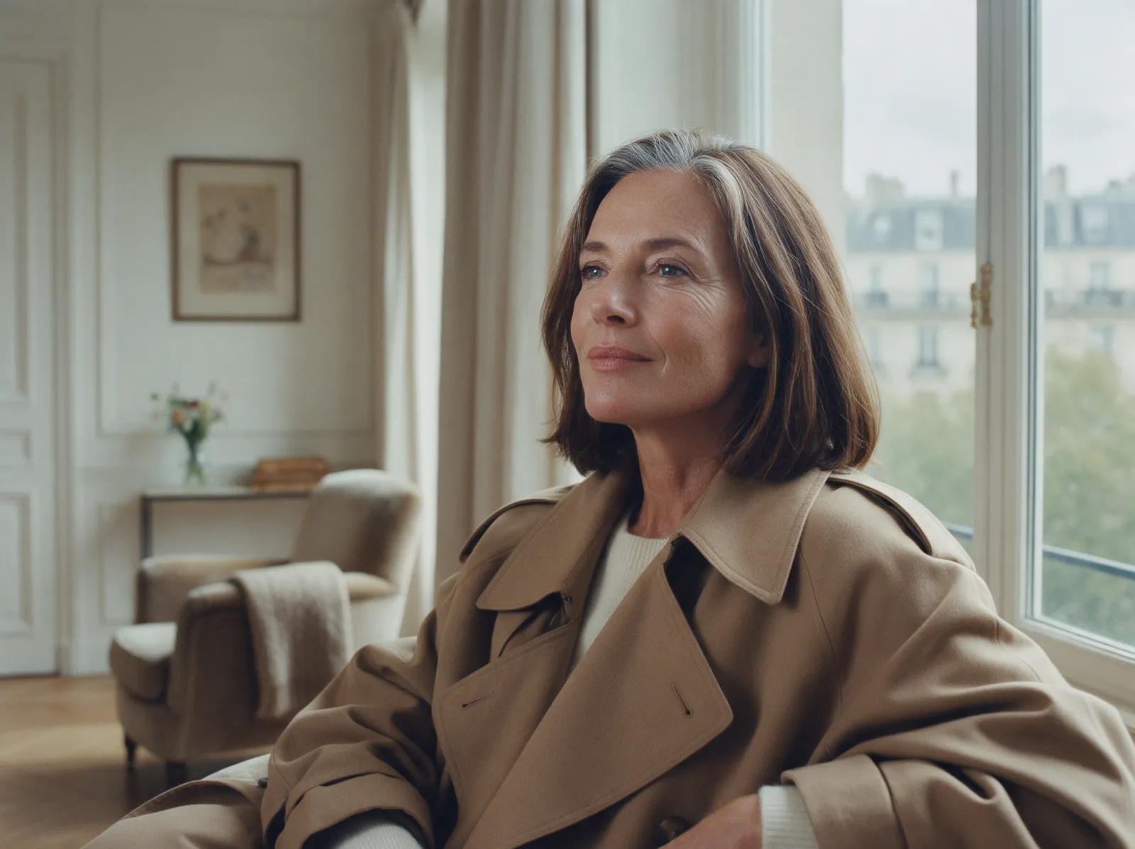 Woman with shoulder-length brown hair in a camel coat, sitting by a sunny window