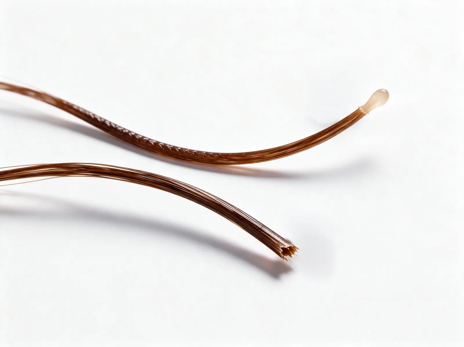 Two strands of hair side by side, one with a small bulb at the root and one with a split, broken end