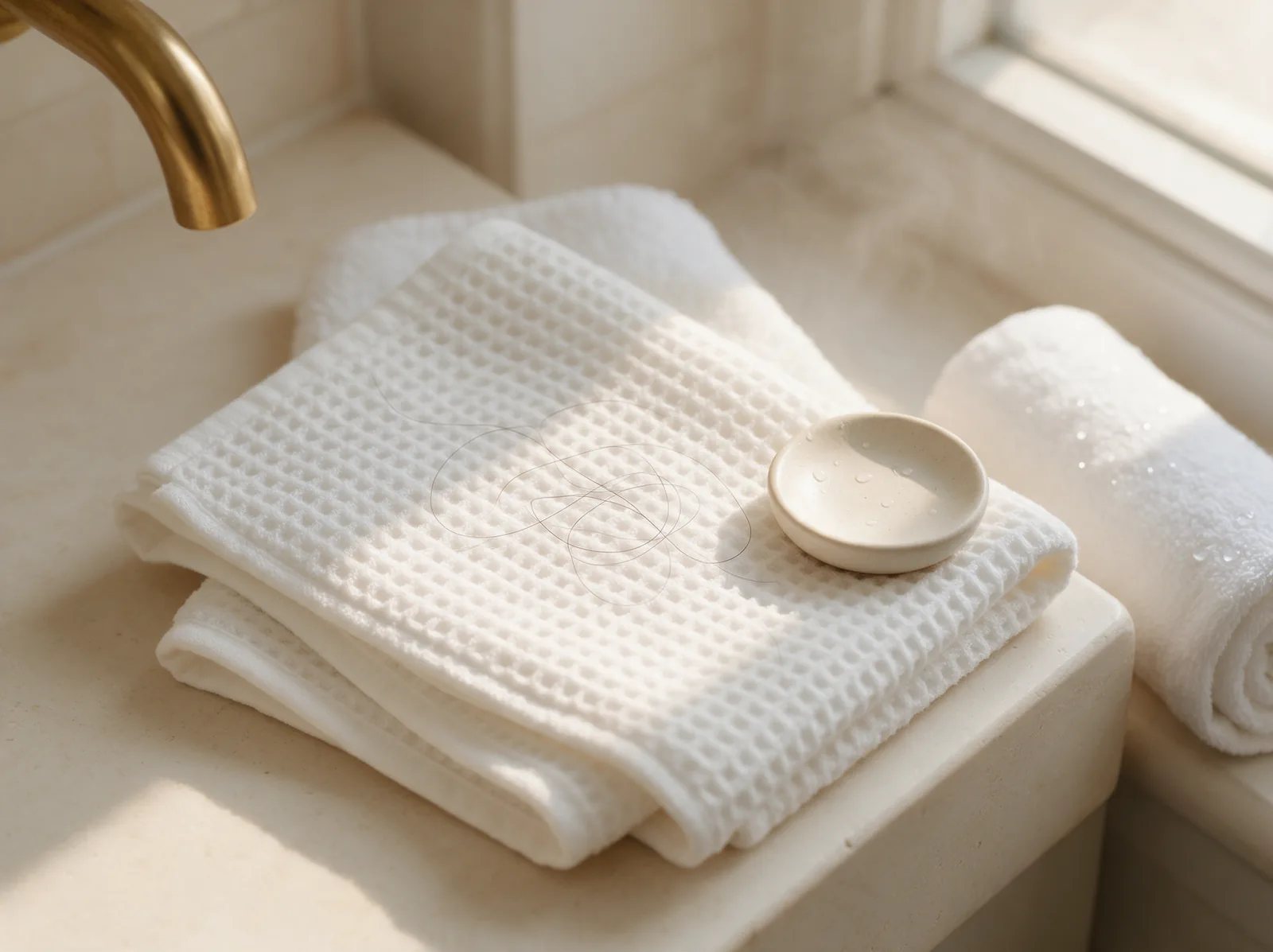 Folded white waffle towel and a small dish on a bathroom counter