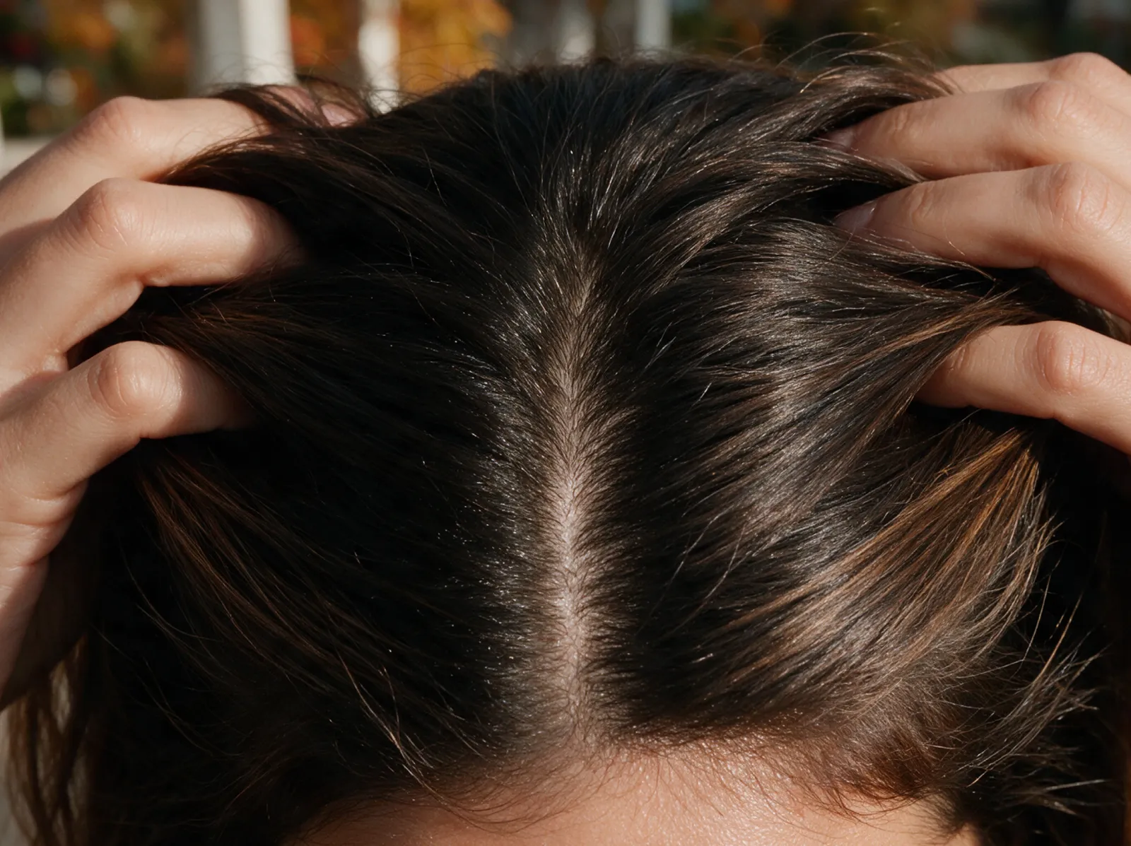 Fingers parting brown hair to show the scalp along the part line
