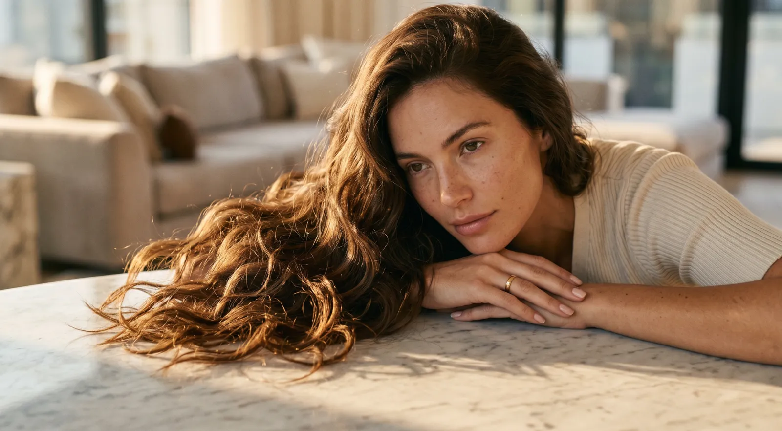 Woman with long, wavy brown hair resting her arms on a marble table