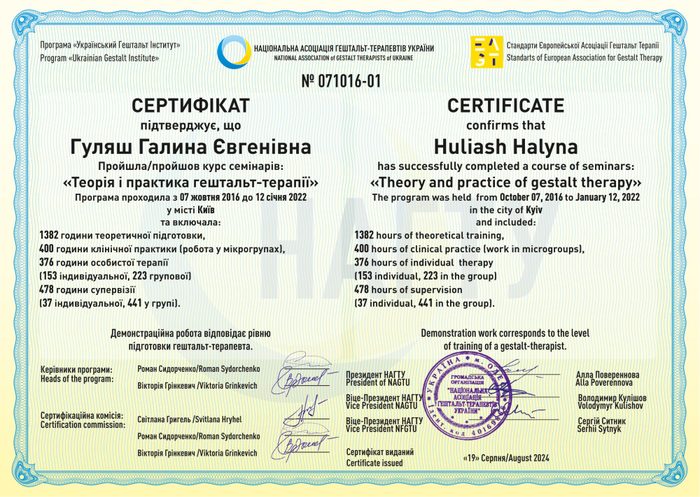 Сертифікат: Теорія і практика гештальт-терапії