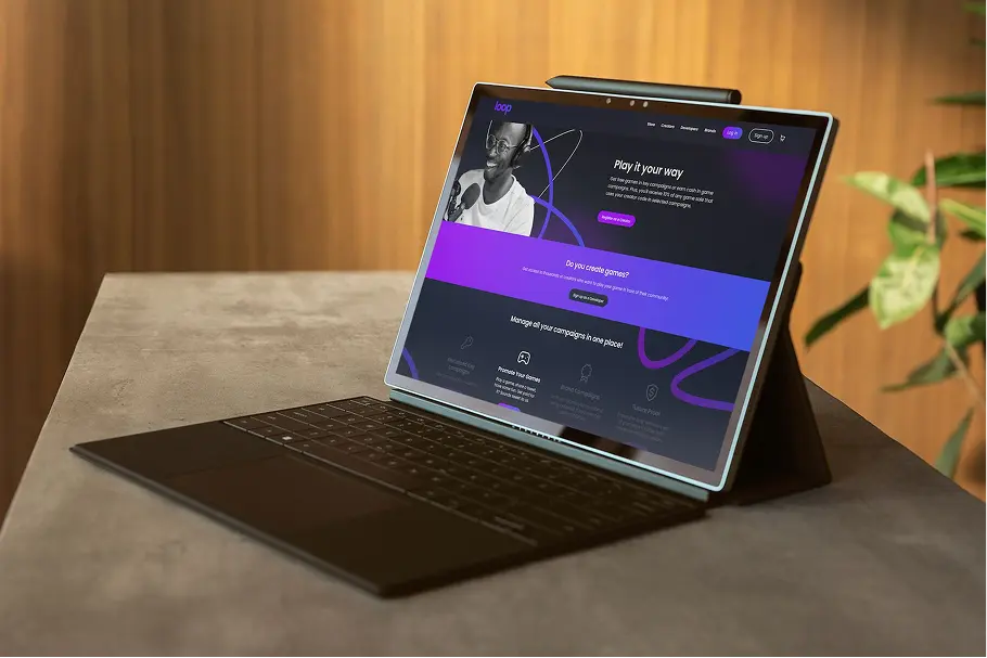 Game on Loop — tablet showing software dashboard (wide)