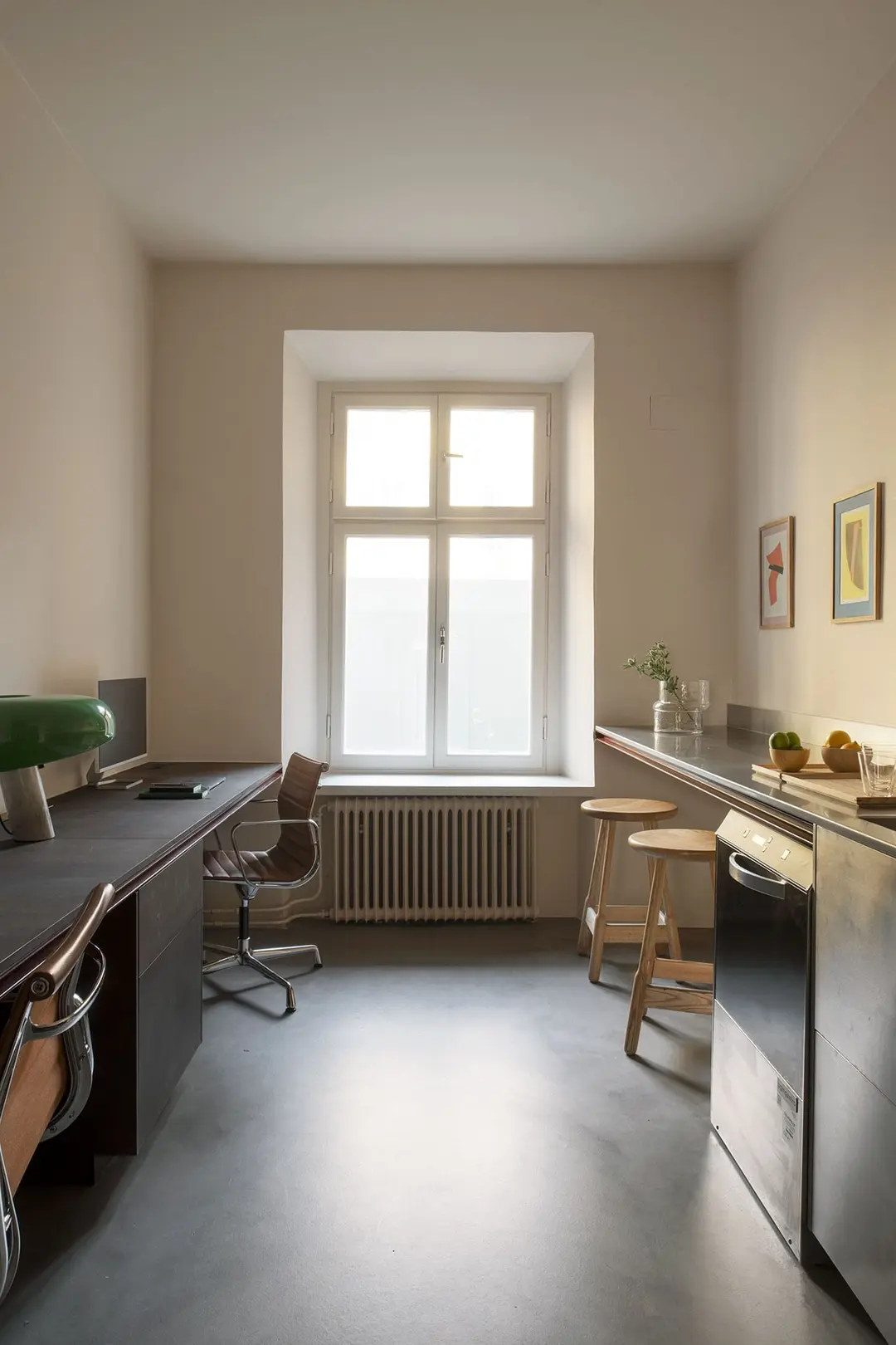 Workspace with a desk and kitchenette