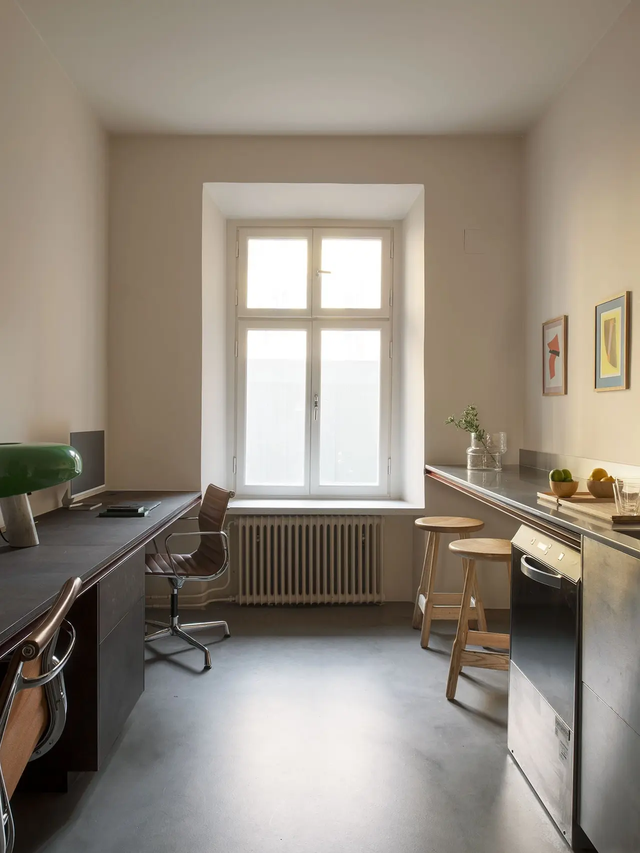 Workspace with a desk and kitchenette