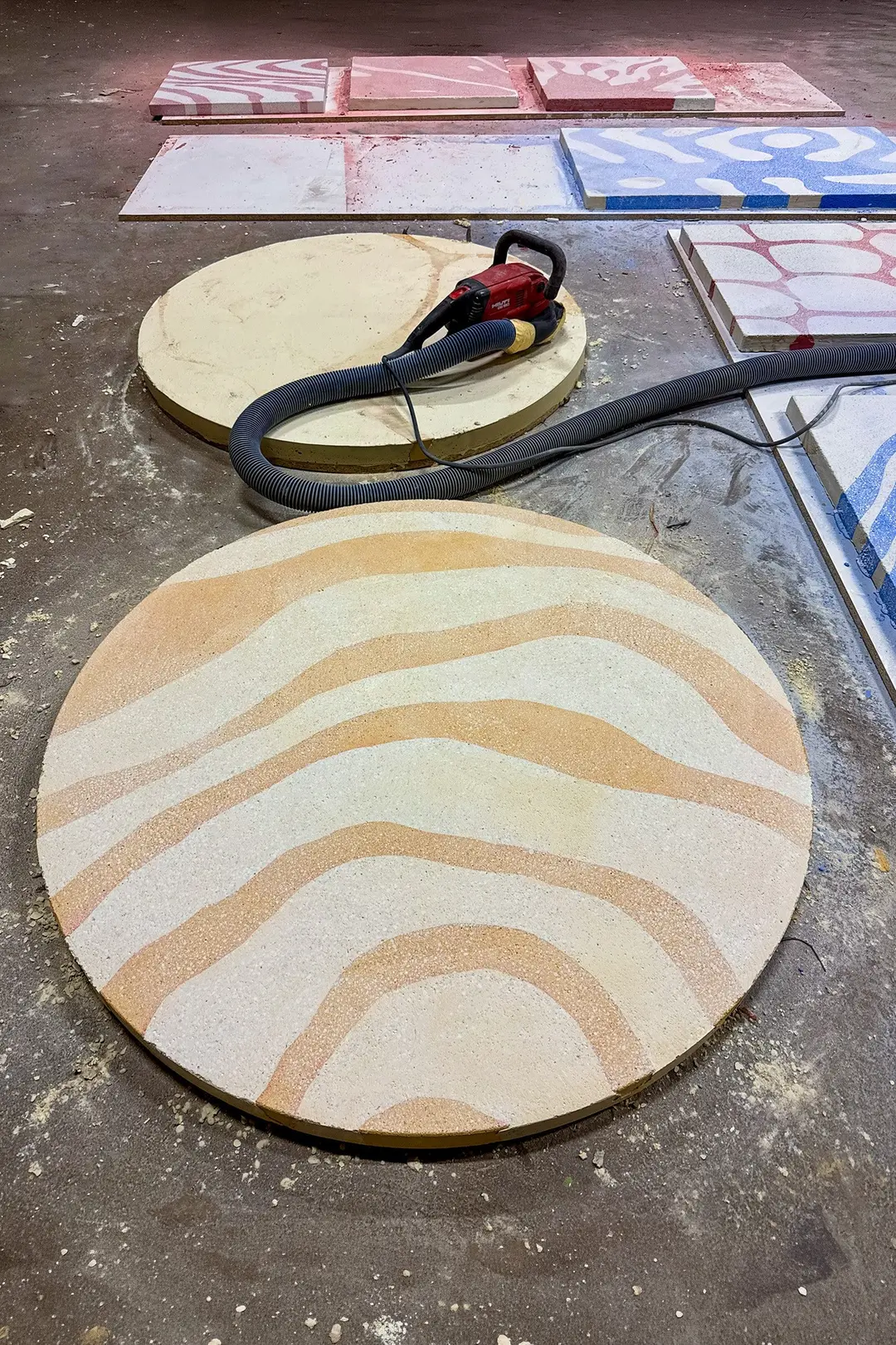 Polished terrazzo tabletops in the workshop