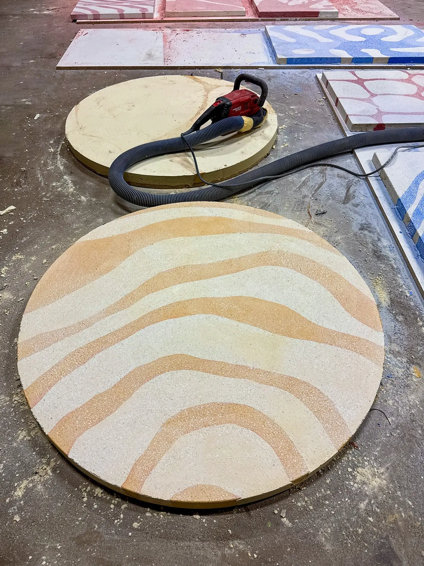 Polished terrazzo tabletops in the workshop