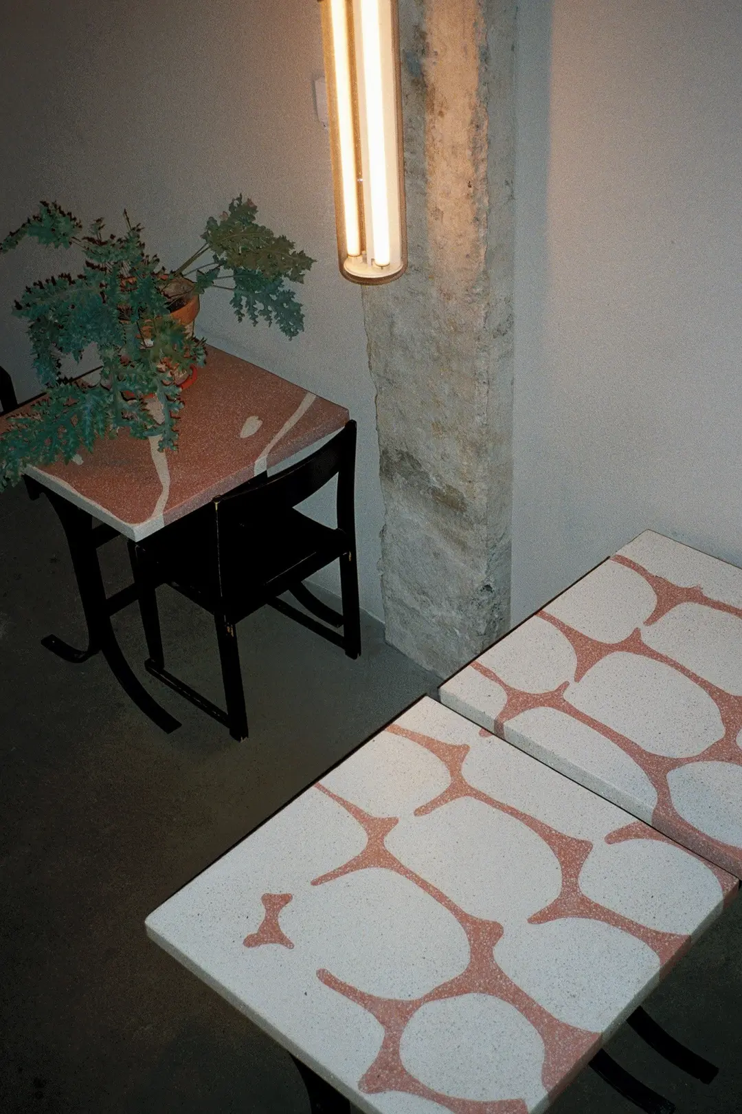 Tables with pink and white terrazzo tops beside a plant