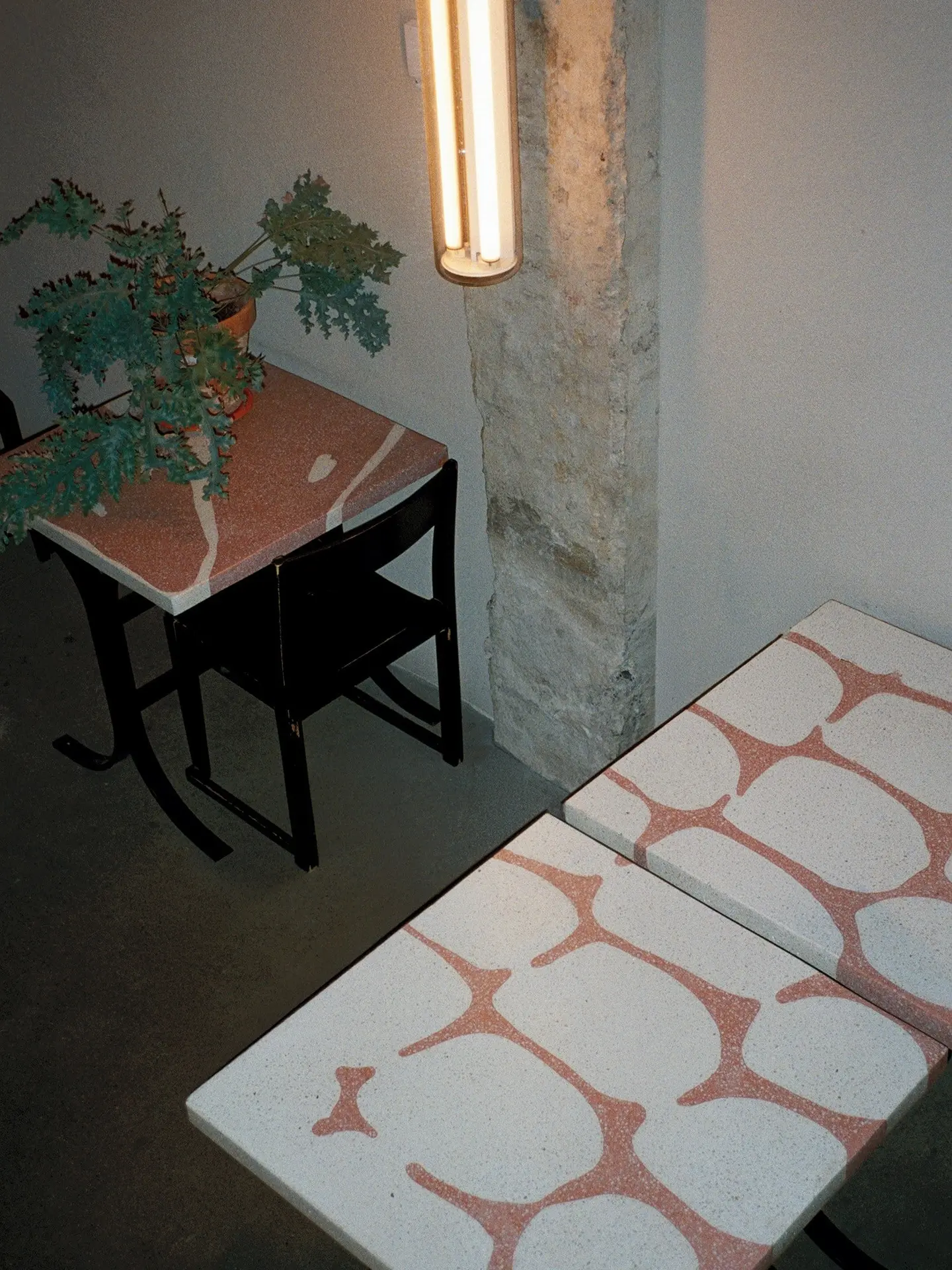 Tables with pink and white terrazzo tops beside a plant