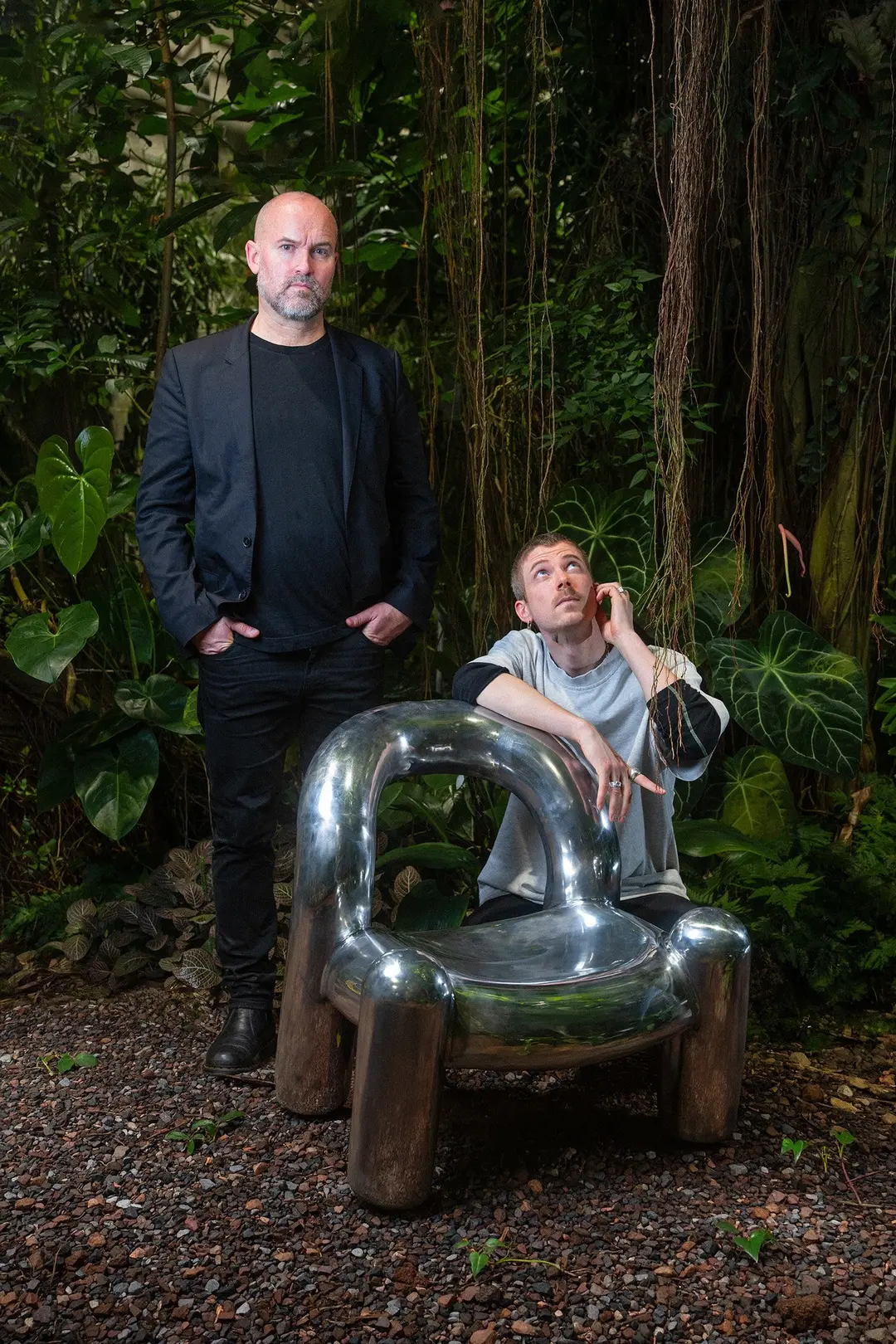 Alexander Lervik and Gustav Winsth with the Reality chair among plants