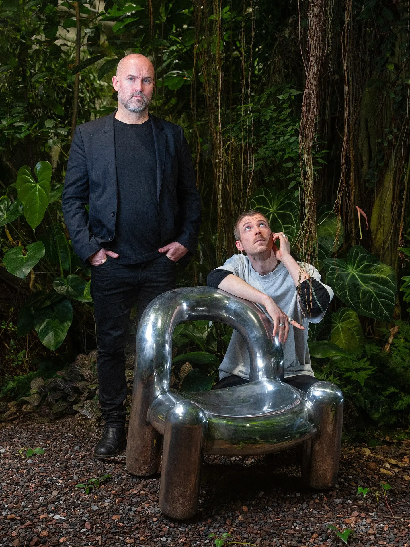 Alexander Lervik and Gustav Winsth with the Reality chair among plants