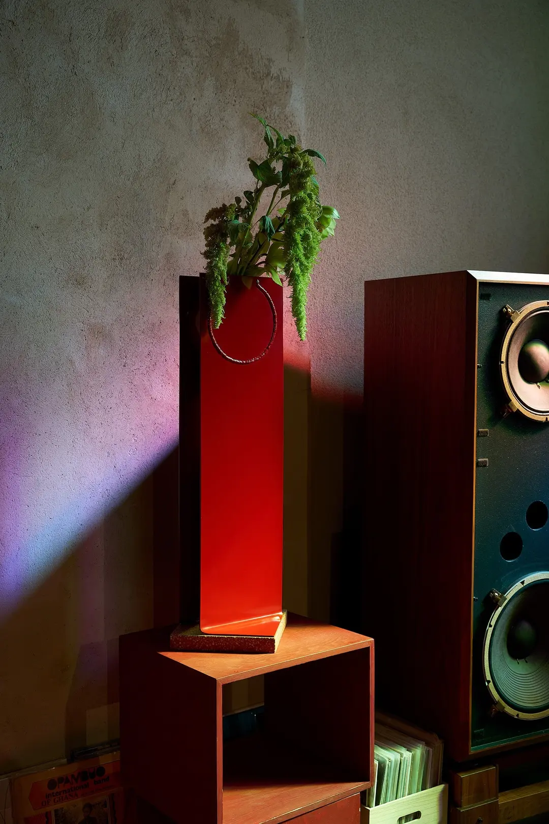Red Swish Vase with plants beside a large loudspeaker