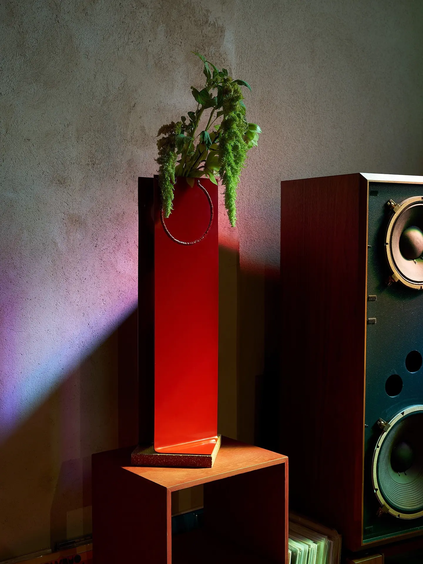Red Swish Vase with plants beside a large loudspeaker