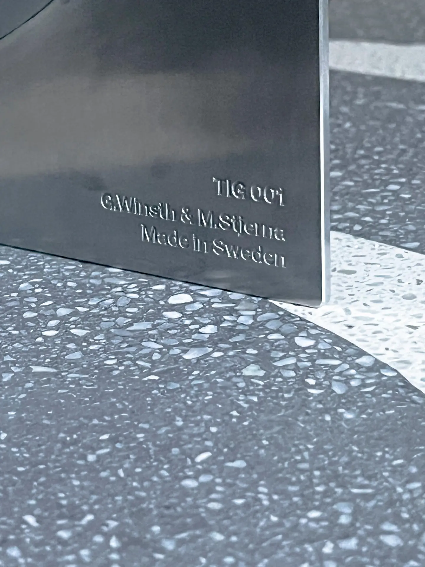 Engraving “TIG 001, G.Winsth & M.Stjerna, Made in Sweden” on the base