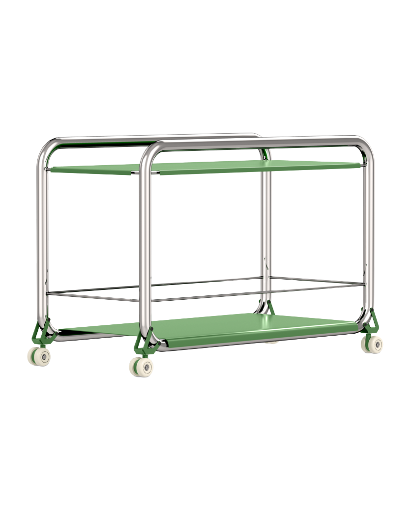 Tension trolley in chrome tube with green shelves and white castors