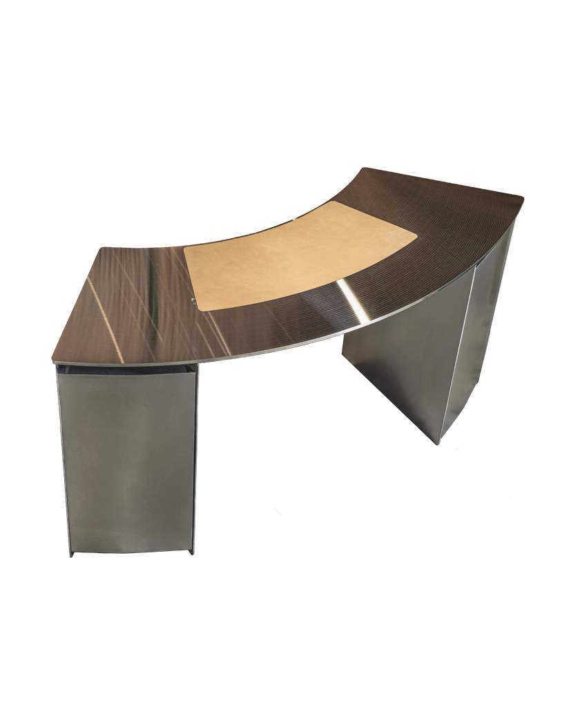 Curved CD desk in brushed aluminium with a tan leather inlay