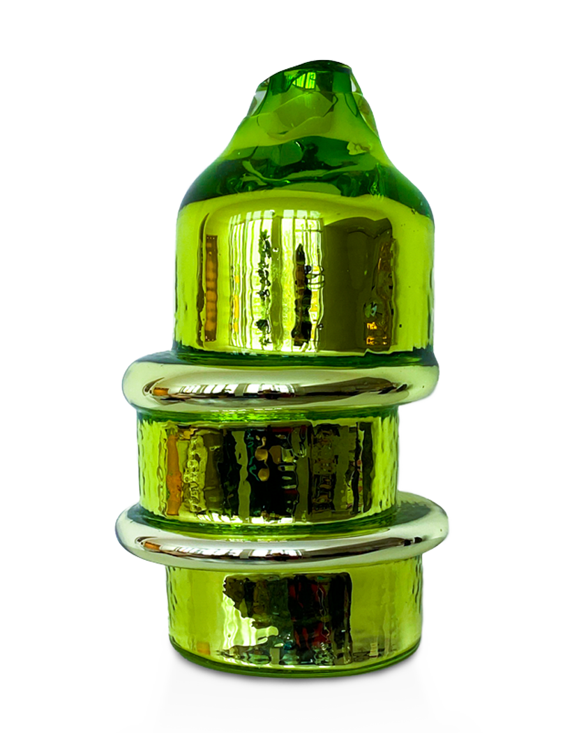 Skew glass sculpture in mirrored green with stacked rings