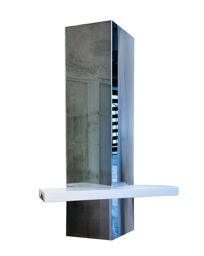 Stash, a folded steel mirror with a white aluminium shelf through it