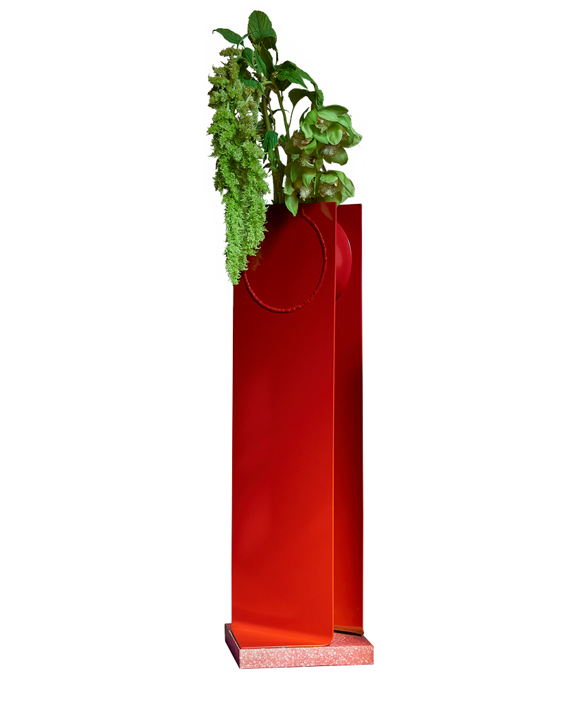 Tall red Swish Vase with green hanging plants