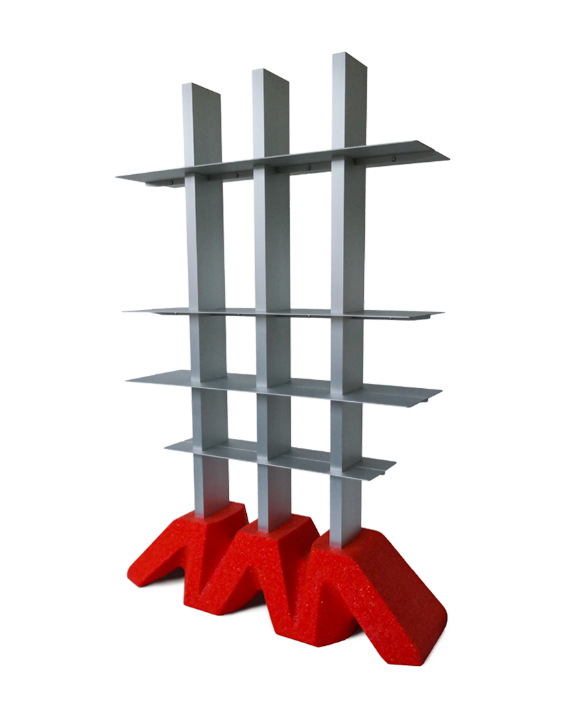 DIO shelf with aluminium uprights and shelves on a red zigzag base