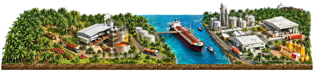 The palm oil supply chain, from plantations and mills through storage, shipping and refineries to finished products