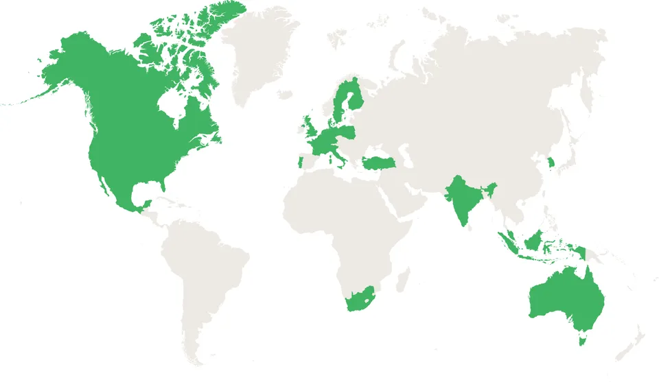 World map with the countries where the assessed traders and refiners have their headquarters highlighted in green