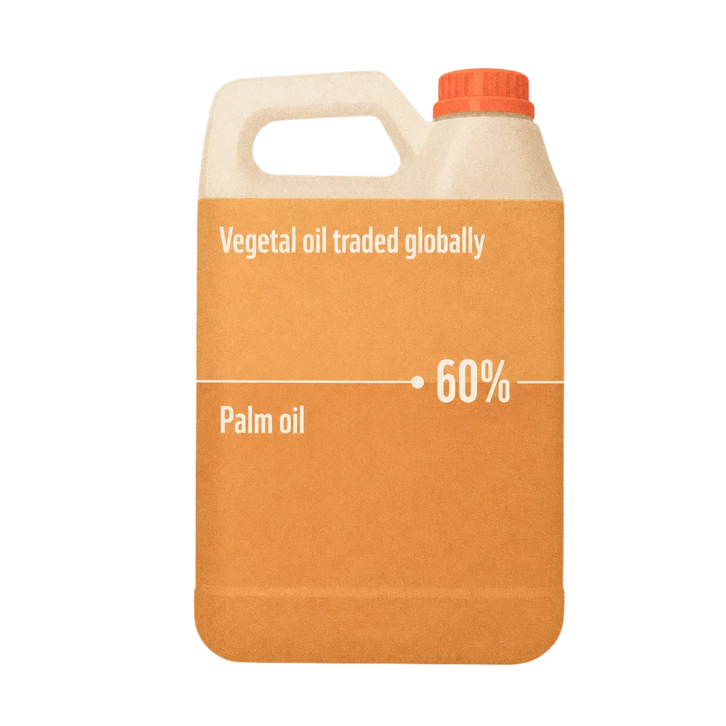 Canister of vegetable oil: palm oil is 60% of the vegetable oil traded globally
