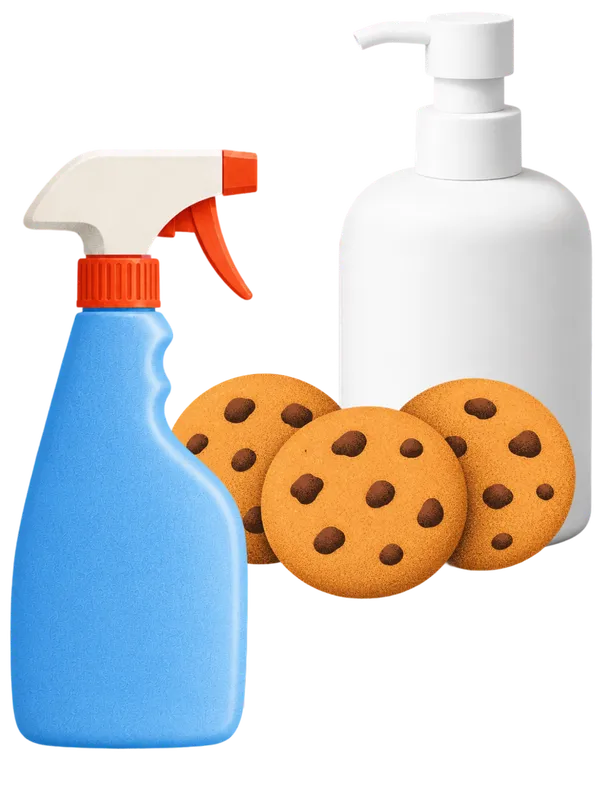 Spray cleaner bottle, soap dispenser and chocolate chip cookies