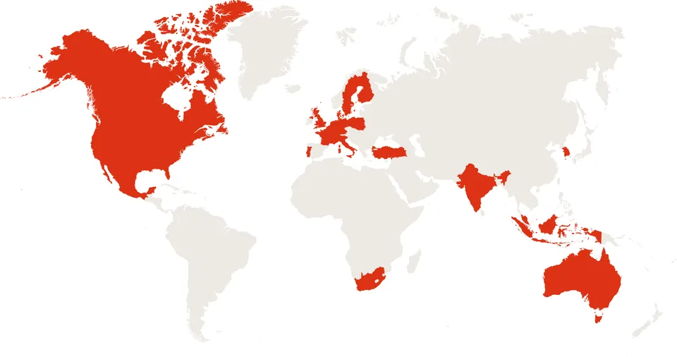 World map with the countries of the assessed companies highlighted in North America, Europe, Asia, Africa and Australia