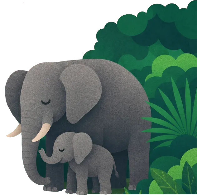 Illustration of an elephant and its calf in front of tropical foliage