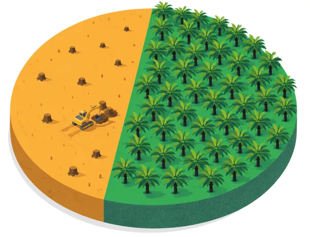 Illustration of a disc of land, half cleared with tree stumps and a digger, half planted with oil palms