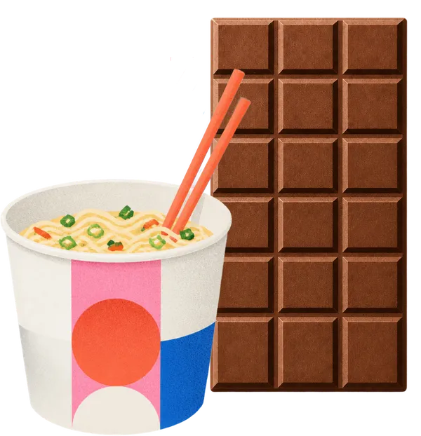 Cup of instant noodles and a chocolate bar
