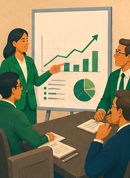 Illustration of a business meeting reviewing sales charts