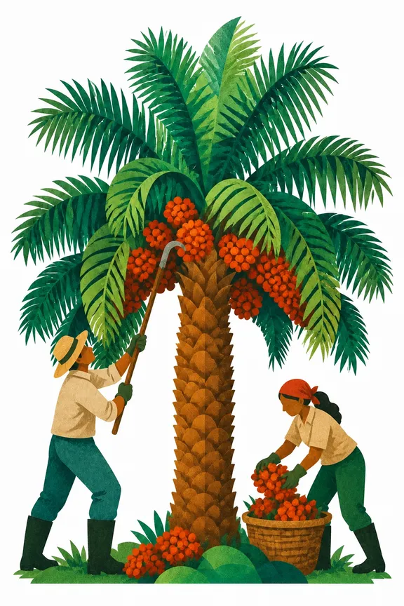 Two smallholders harvesting fruit bunches from an oil palm