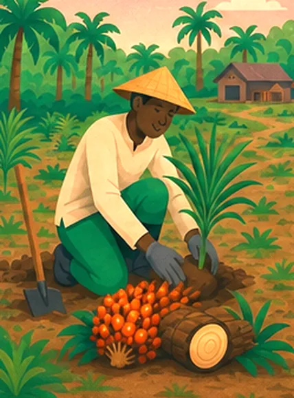 Illustration of a farmer planting an oil palm seedling next to harvested fruit