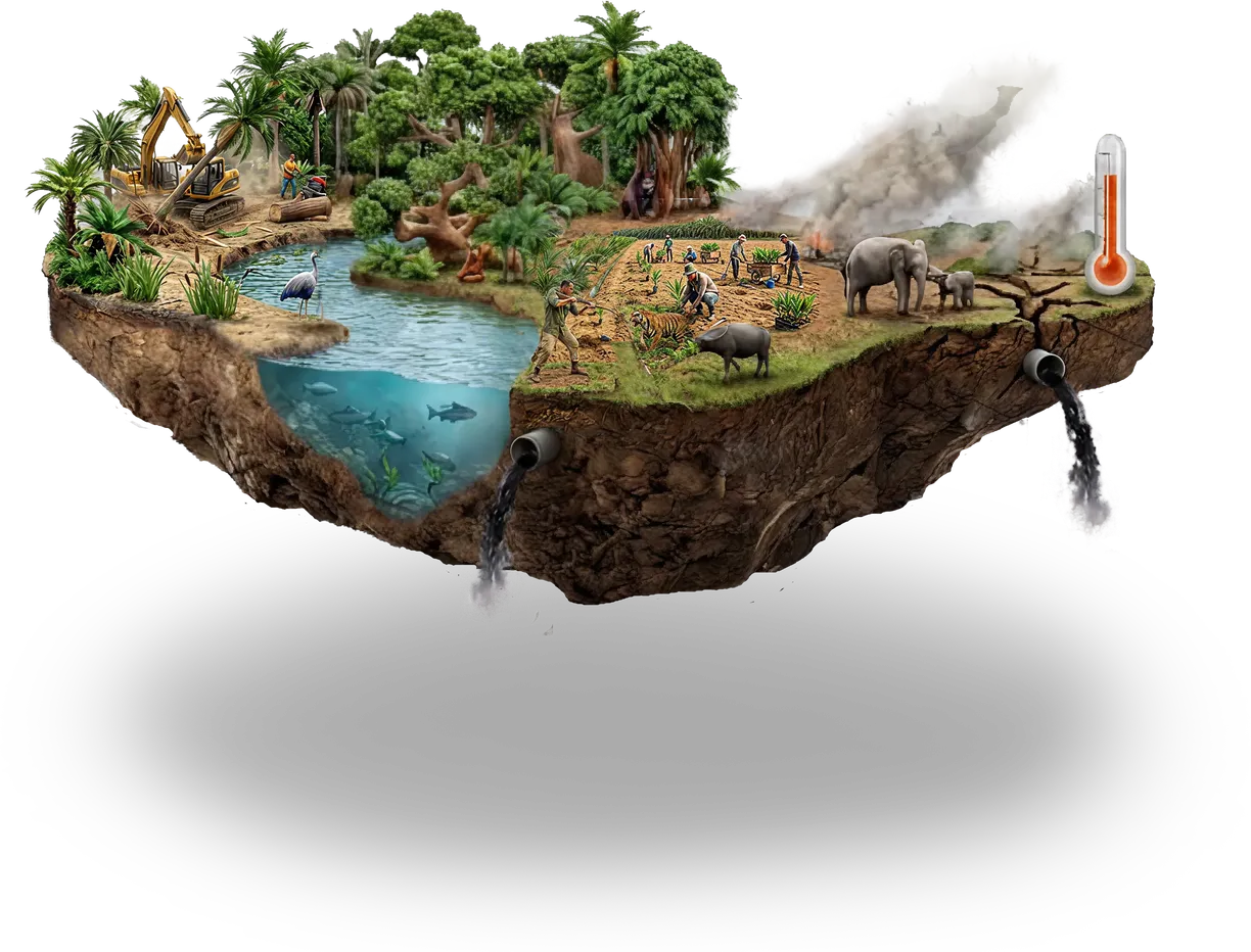 Illustration of a floating piece of land with rainforest, a river and wildlife on one side and smoke and bare ground on the other