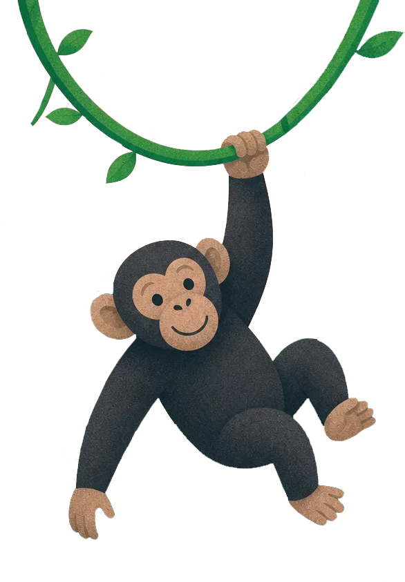 Illustrated chimpanzee hanging from a vine