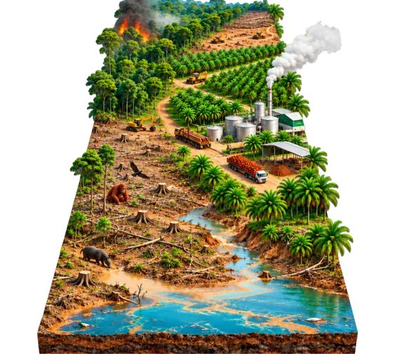 A landscape where forest is burnt and cleared for plantations and a mill, beside a polluted river