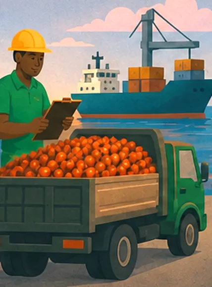 Illustration of a trader checking a truck loaded with palm fruit at a port