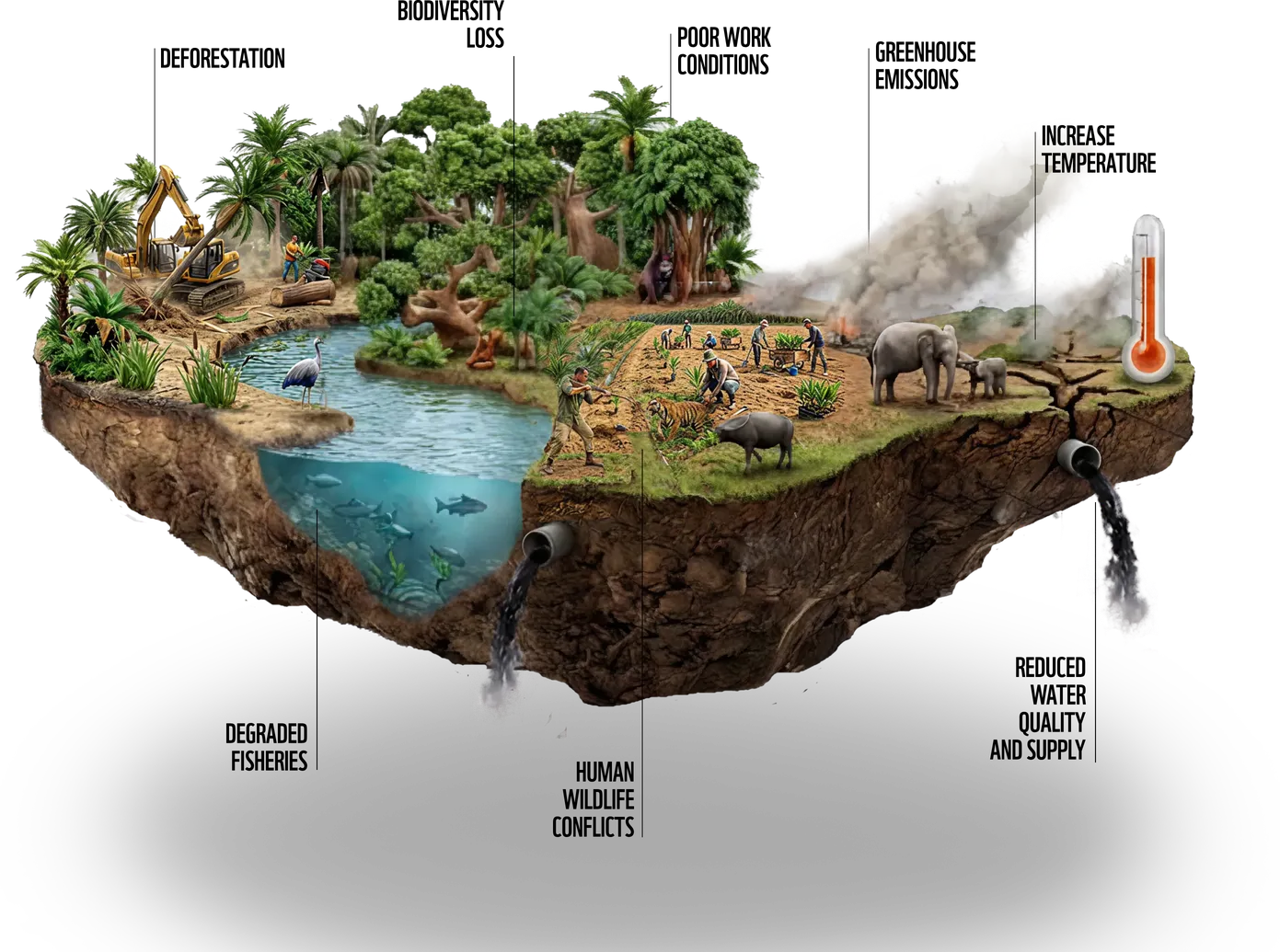 Illustration of a palm oil landscape showing its impacts: deforestation, biodiversity loss, poor work conditions, greenhouse emissions, increased temperature, degraded fisheries, human-wildlife conflicts, and reduced water quality and supply.