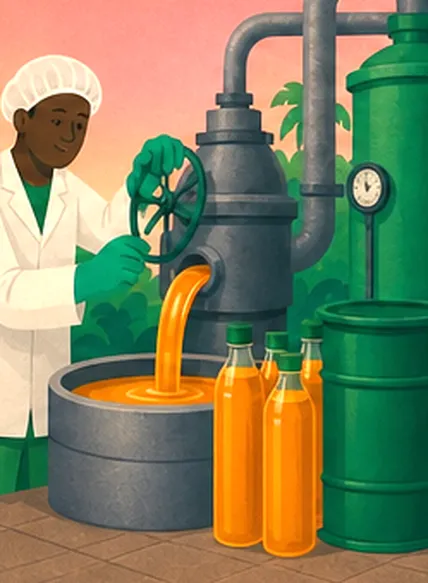 Illustration of a mill worker bottling palm oil