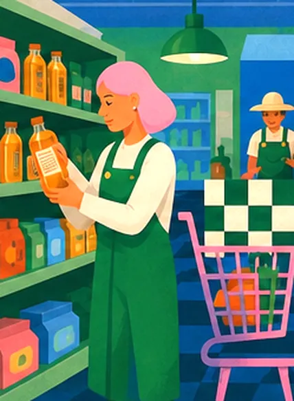Illustration of a shopper reading the label of a product in a supermarket