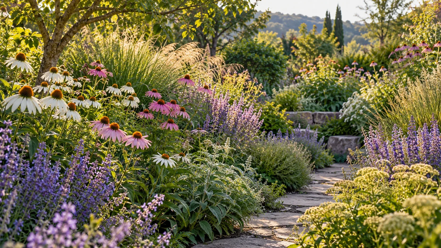 Vielfältiges Staudenbeet mit Blüten, Gräsern und einem schmalen Gartenweg