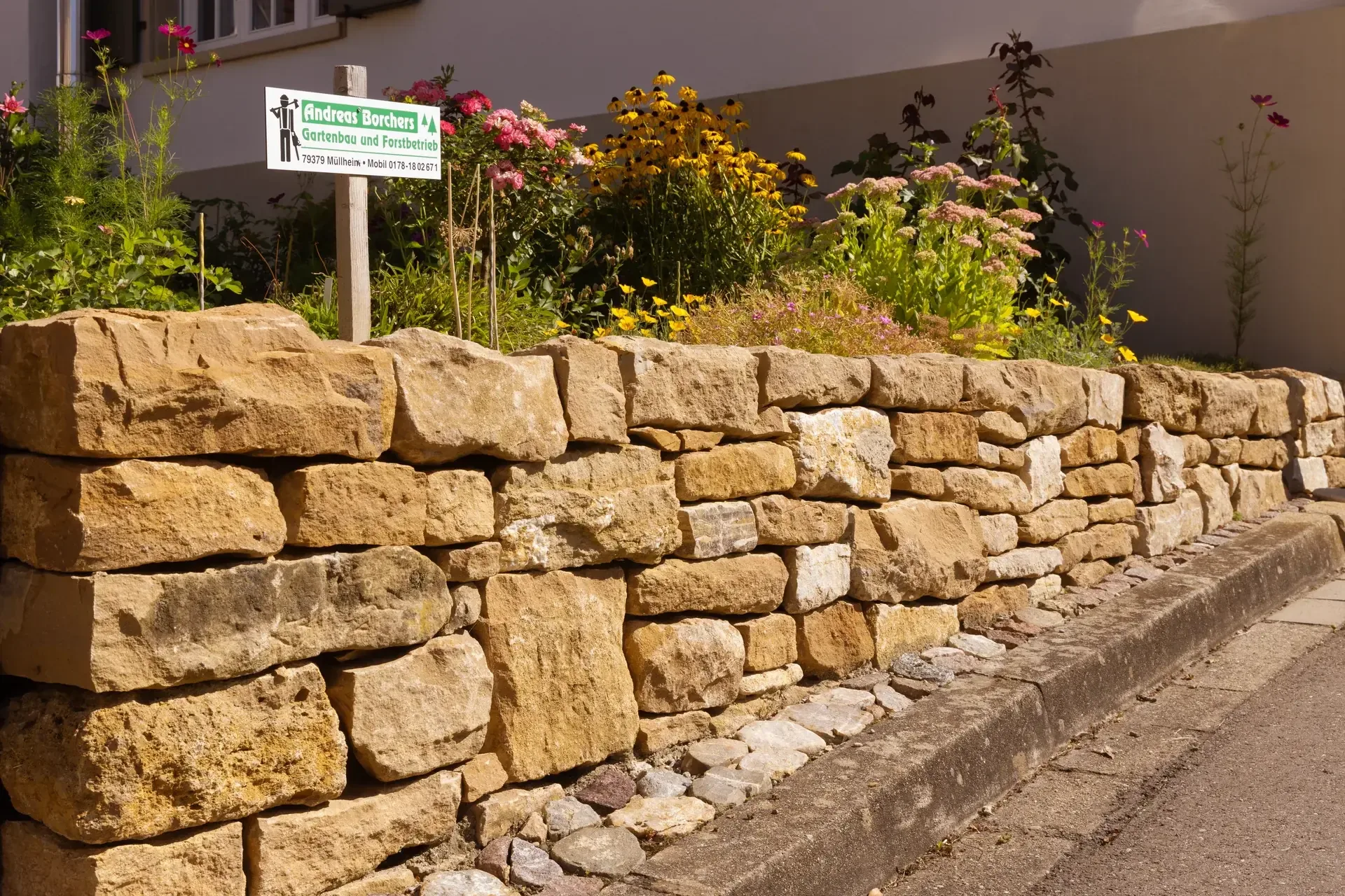 Blühende Stauden oberhalb der Trockenmauer im Bauerngarten