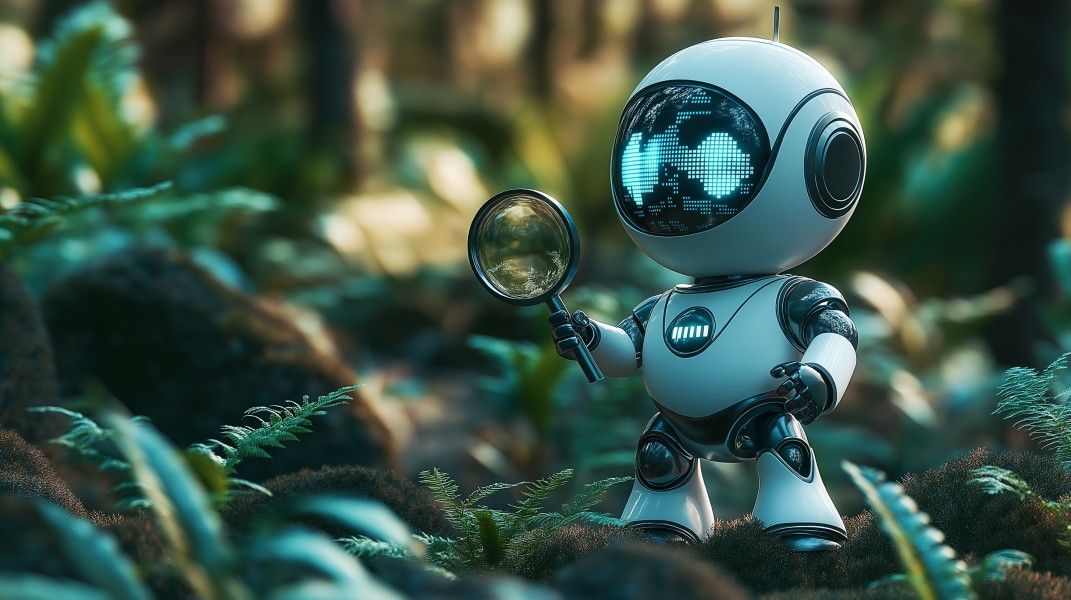 Ein Roboter mit Lupe steht suchend im Dschungel