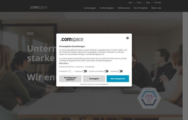 Cookie Banner auf der Comspace Website